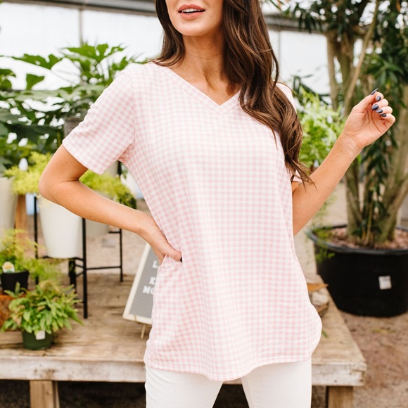 Gingham V-Neck Top in Pale Pink - Picture 3 of 8